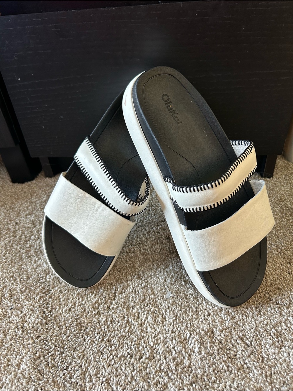OluKai Pae Black and White Double Strap Slide Sandals